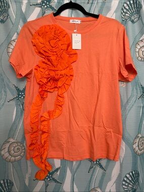 Orange Ruffle Floral Applique Short Sleeve Tee